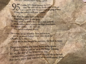One of the Bible pages that were showered over the crowd. This rom Psalm 95.